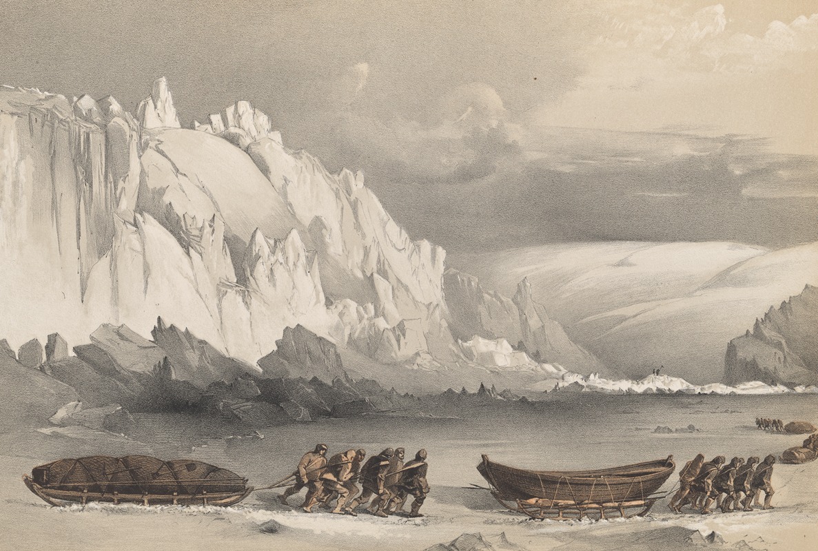 a historical illustration depicts explorers pulling sleds and boats across a snowy or icy landscape in the arctic. in the background are large, jagged mountains and glaciers. the explorers are dressed in coldweather gear and appear to be on an expedition.
