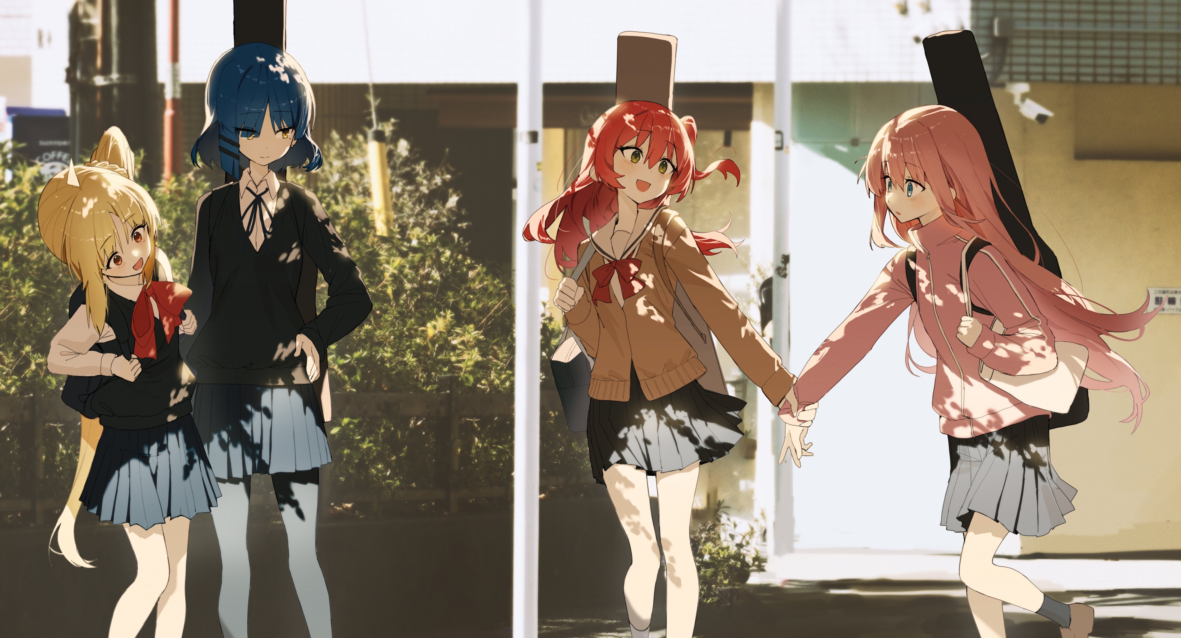 the illustration shows four anime schoolgirls walking down a street.  three of them are holding hands. one girl has blonde hair, another has blue hair, one has red hair, and the last has pink hair. they are all wearing school uniforms.  two of the girls are carrying guitar cases.  the scene is bathed in sunlight, creating shadows on the girls and the buildings. the overall style is cute and friendly.