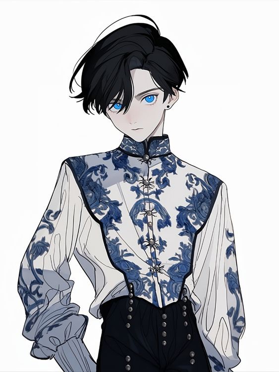 the illustration showcases a young man with styled black hair and striking blue eyes, a common aesthetic in anime and manhwa art styles. he is dressed in a fashionforward interpretation of a historical outfit. his attire consists of a white, longsleeved shirt with intricate, lacelike details paired with a statement vest featuring a rich blue floral pattern. the vest is adorned with decorative buttons and has a distinct pointed silhouette. the lower portion of his outfit comprises dark, fitted pants with a row of buttons running down the sides. this overall look blends elements of historical and contemporary fashion, resulting in a visually appealing and unique style.