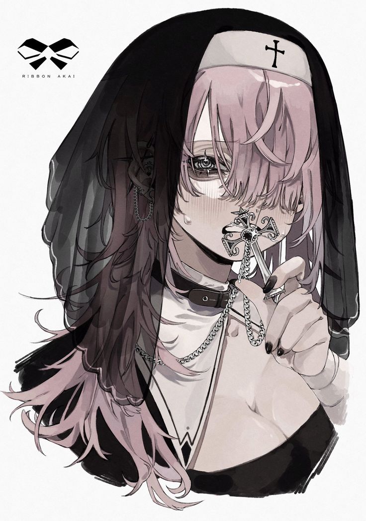 the image is a digital illustration of an animestyle girl.  she is dressed in a dark, gothicinspired nun's habit with a black veil covering most of her face.  her hair is long and pink, partially obscuring her eyes. she is holding a silver cross necklace, which seems significant given the religious context of her attire. the overall aesthetic is dark, monochrome with hints of pink, and emotionally suggestive, combining elements of religious imagery with a rebellious, alternative style. the style is reminiscent of modern digital art with painterly textures and shading. the artist's signature "ribbon akai" is visible in the top left corner.