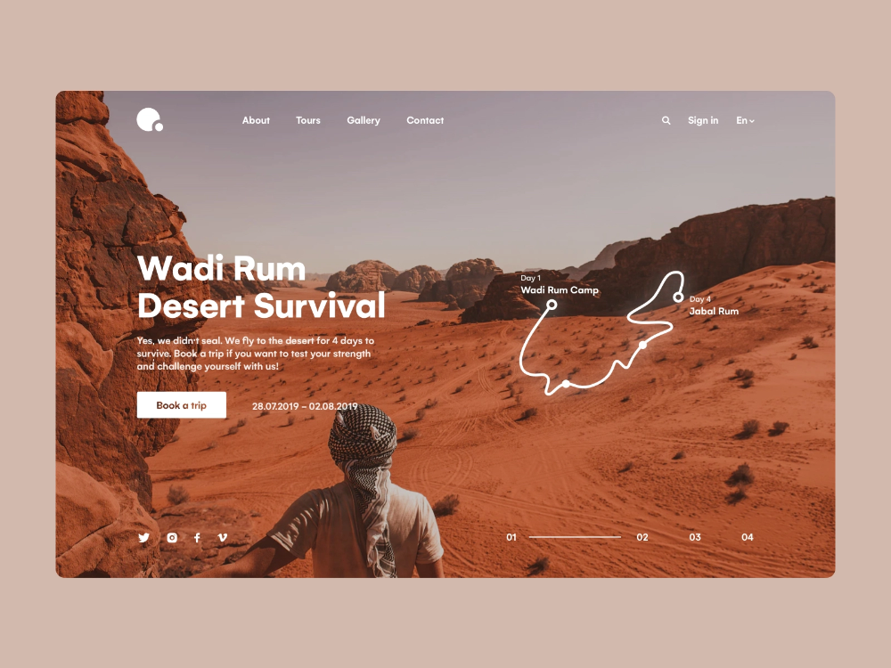 this is a website landing page for a 4 day desert survival tour in wadi rum, jordan. the image showcases a vast desert landscape with towering red rock formations, dunes, and a winding white line representing the tour route.  the header has links for "about," "tours," "gallery," and "contact,"  and a call to action button to "book a trip". the text highlights the challenge and adventure of surviving in the desert,  aimed at attracting travelers seeking unique experiences.