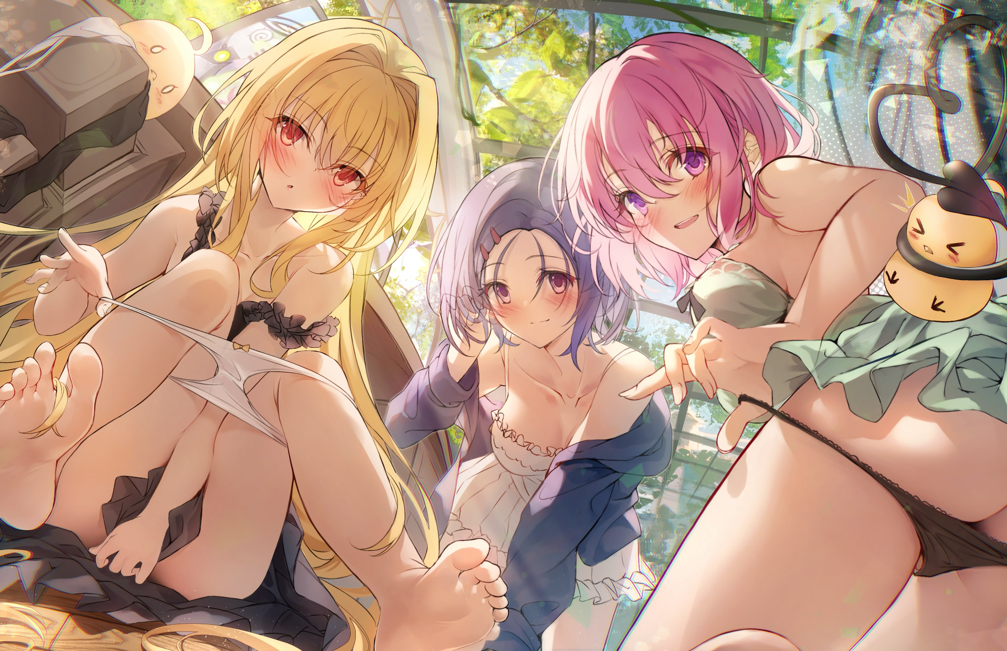 the image is a digital illustration featuring three anime girls in a garden setting. one girl has blonde hair and is wearing a dark top and underwear, another has pink hair and is wearing a light green dress and black underwear, and the third has purple hair and is wearing a blue jacket and a white dress. they are all sitting close to each other, interacting playfully. the setting is bright and sunny, with a window and plants visible in the background. the overall mood is lighthearted and cheerful. the artwork is highly stylized and shows attention to detail in the characters' expressions, hair, and clothing.