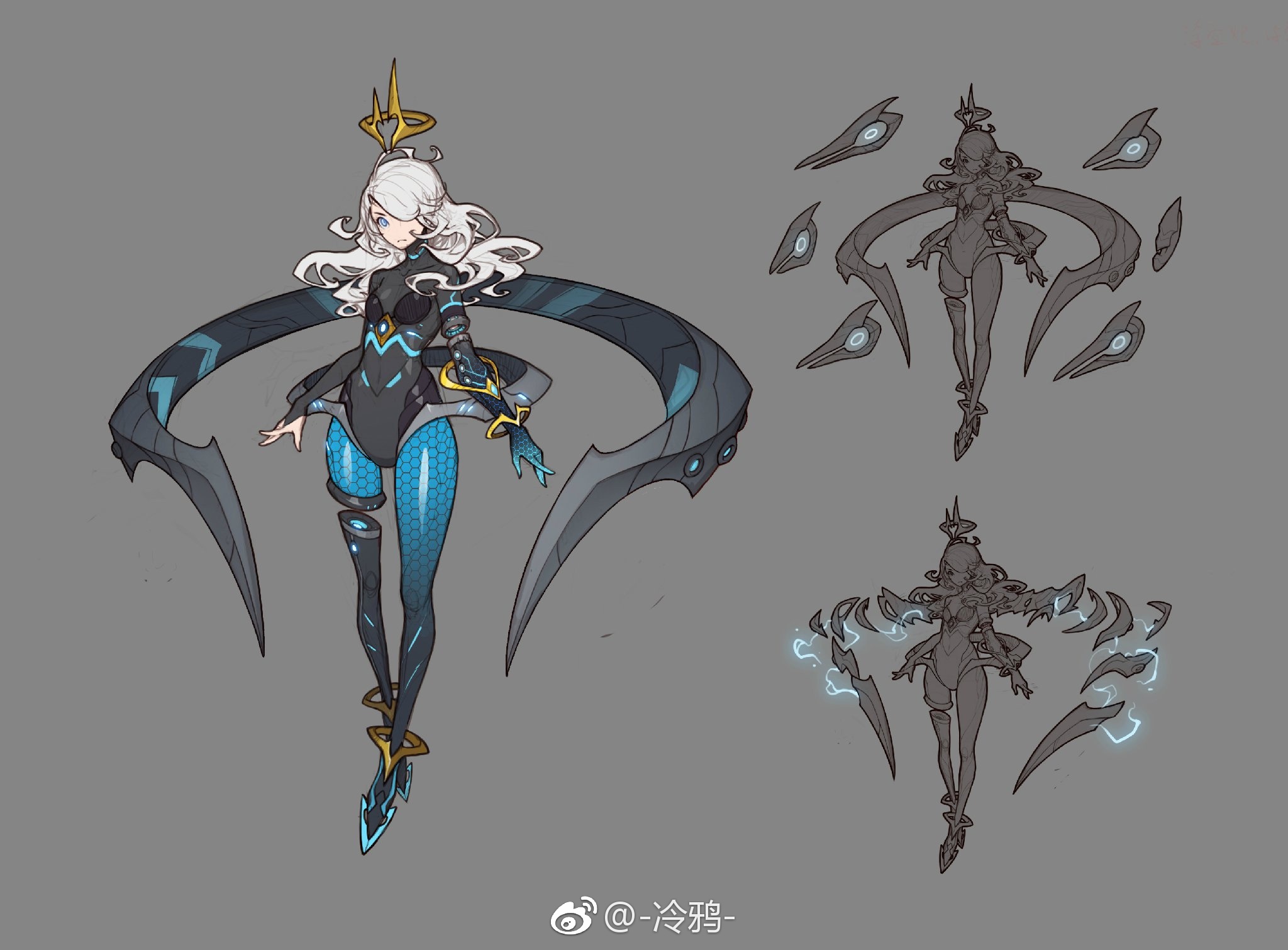 this is an illustration of a futuristic anime girl with white hair, a black and blue suit, and large sharp blades attached to her body. she is looking to the right.  two other drawings of a similar female character are in the upper right and lower right corners of the image, but they are less detailed and only show the outline of the figure.  these drawings show her in poses where her weapons are extended.