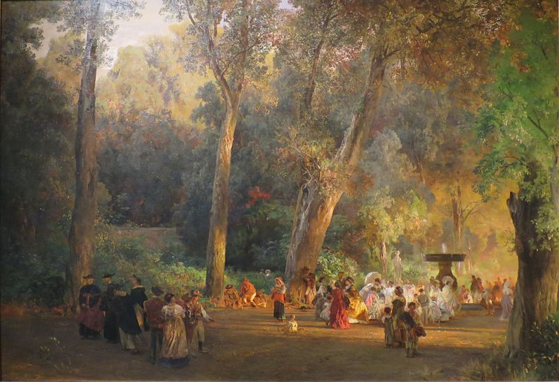 a painting depicts a gathering of people in a forest clearing near a fountain. sunlight filters through the trees, illuminating the scene. the crowd includes men, women, and children dressed in historical attire.