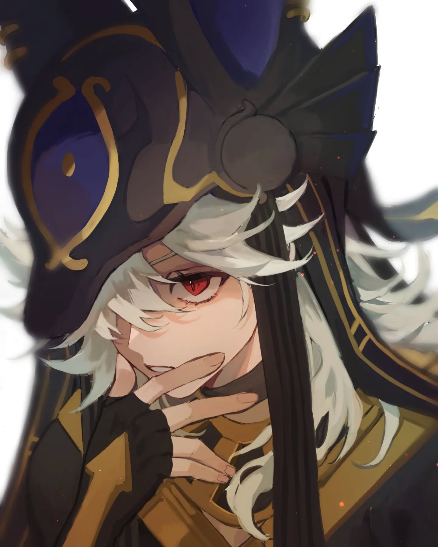 he image is a closeup portrait of an animestyle female character. she has long, flowing white hair and striking red eyes. she is wearing a dark, ornate mask or hat with gold detailing, and an intricate outfit that includes dark and gold elements.  her expression is confident, with a slight smirk and a hand subtly placed near her mouth. the art style is detailed and evocative, with a focus on rich colors and textures. the overall mood is mysterious and elegant.