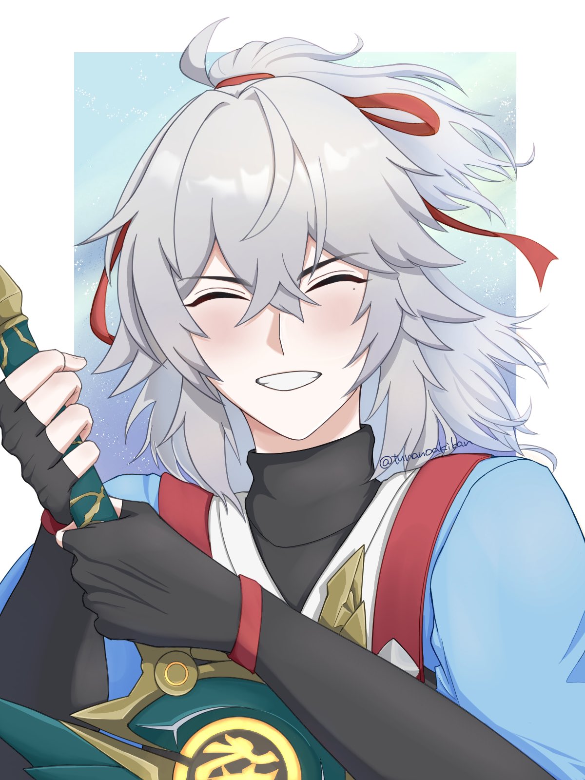 this is a digital art piece of albedo from genshin impact, where he's holding a sword, smiling, and looking happy. he's drawn in an anime style with white hair, blue eyes, and is wearing his signature clothing. the background is a soft blue with white speckles.