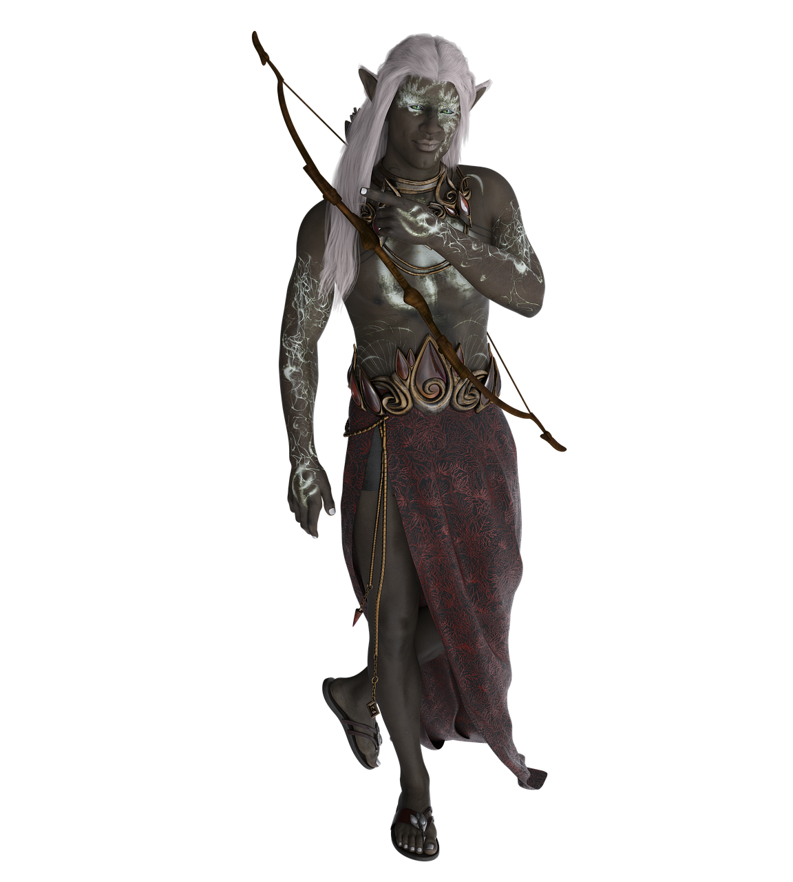 an elf archer with a bow is standing in a black background. he has long white hair, tattoos, and is wearing sandals and a gown.