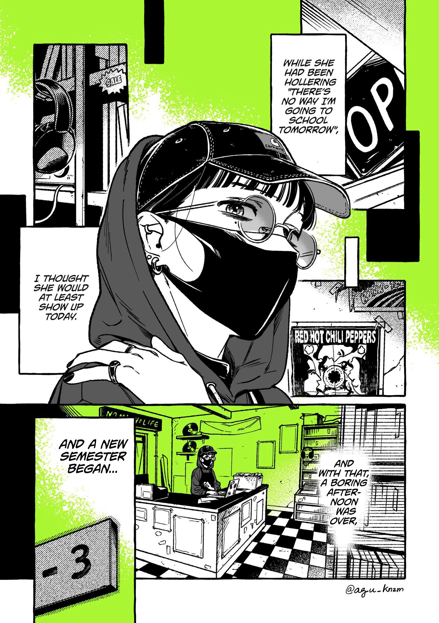 the image is a mangastyle comic strip or page. the main focus is a young girl with a cap and face mask, dressed in streetwear, who has apparently skipped school.  the panels depict her mood, thoughts about her absence, and the surrounding environment, which includes a record store featuring a red hot chili peppers album. the color scheme is primarily black and white with splashes of bright lime green used for background and text boxes. the text bubbles show her inner monologue and narrative descriptions.  a sense of urban setting and teenage life is conveyed throughout the story.