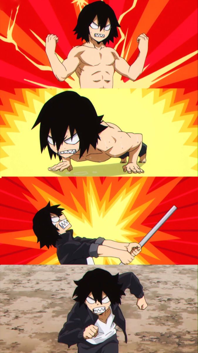 this is a digital drawing of a character named bakugou katsuki from the anime and manga "my hero academia". the image is split into four frames. in the first frame, he is shirtless and flexing his muscles. in the second frame, he is doing a pushup. in the third frame, he is swinging a stick. and in the final frame, he is running. each frame features bakugou with a determined and angry expression. the image depicts bakugou's strength and power.