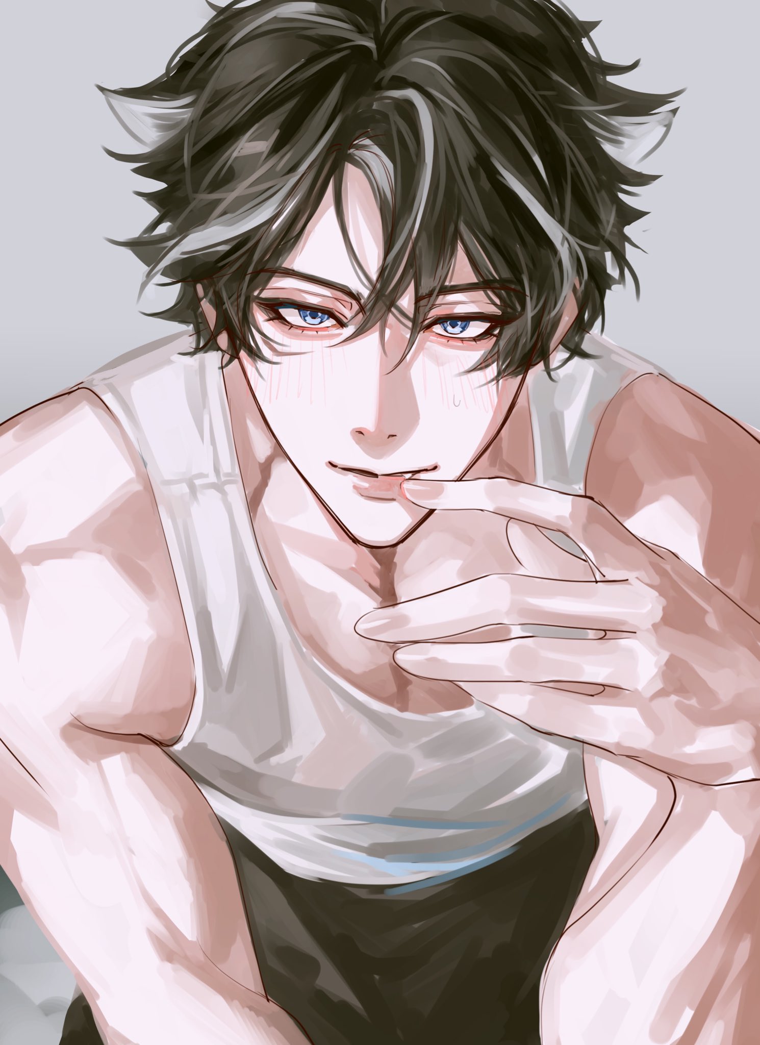 a closeup portrait of a handsome anime boy with blue eyes and dark hair, wearing a white tank top and black pants. his hand is resting on his chin, and he has a mischievous smirk on his face. his toned physique is visible through his clothing. the art style is digital and detailed, with soft colors and shading.