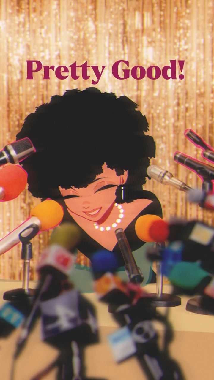 the image shows a stylized illustration of a black woman with a large afro, smiling happily. she is surrounded by a multitude of microphones, suggesting a press conference or interview setting. the background is a gold sparkly curtain or wall. the words "pretty good!" are displayed prominently at the top, likely indicating the woman's positive reception or success. the overall style is retro or vintage, possibly inspired by the 70s or 80s. the illustration is bold and colourful, capturing a glamorous and celebratory moment.