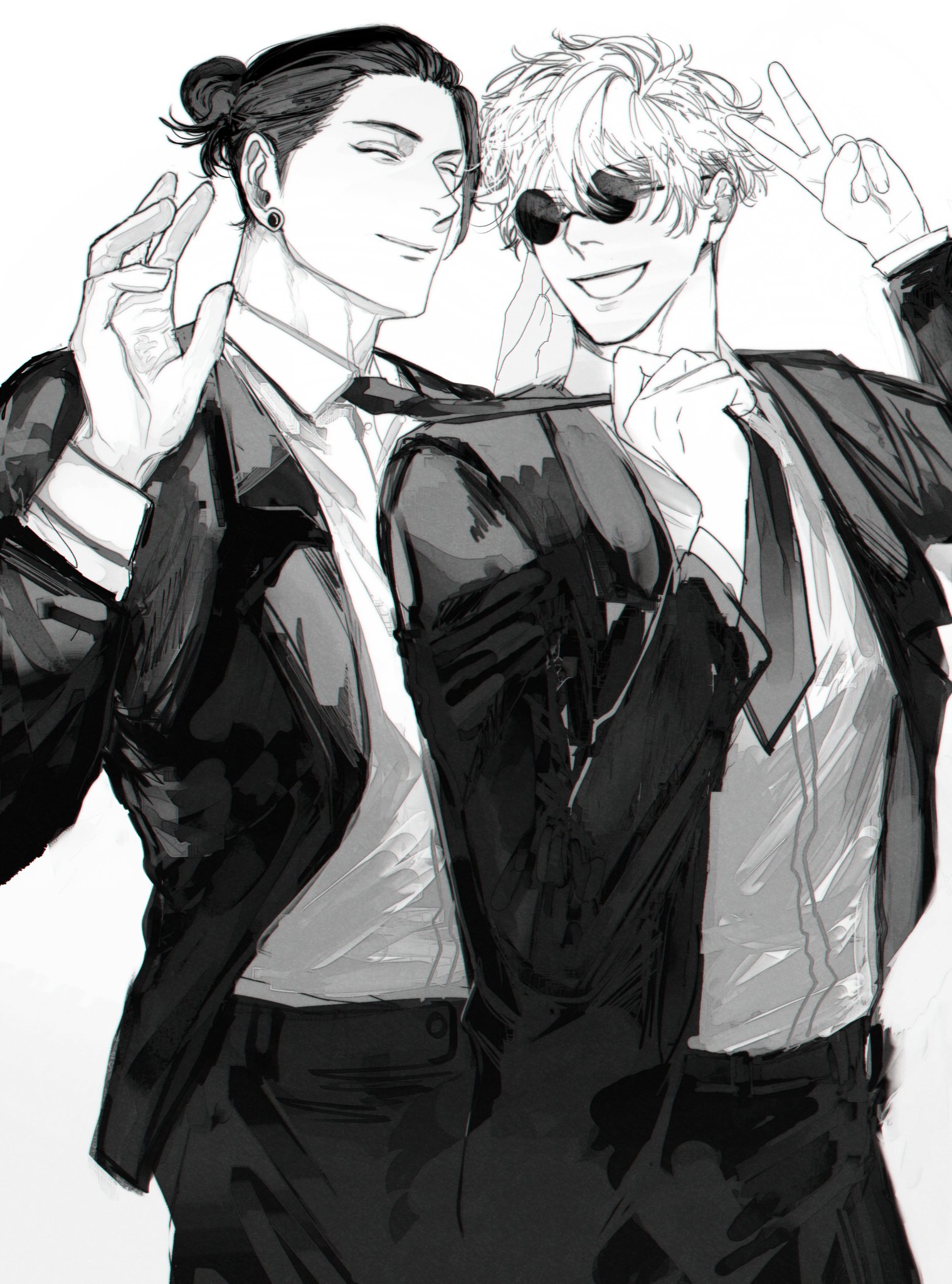 two men are drawn in an anime style in black and white. they are wearing suits and ties. the man on the left is posing with one hand raised in a "peace" sign. the man on the right is posing with his hand up, holding his tie. they are both smiling. the background is white and the image is a sketch. the image is a drawing of two men who are friends.