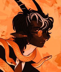 an illustrated portrait of a young man with black horns, glasses, and scales on his neck and face, wearing a dark suit with an orange tie and two orange and brown snakes wrapped around his body. the background is an abstract pattern of dark and light orange shapes.