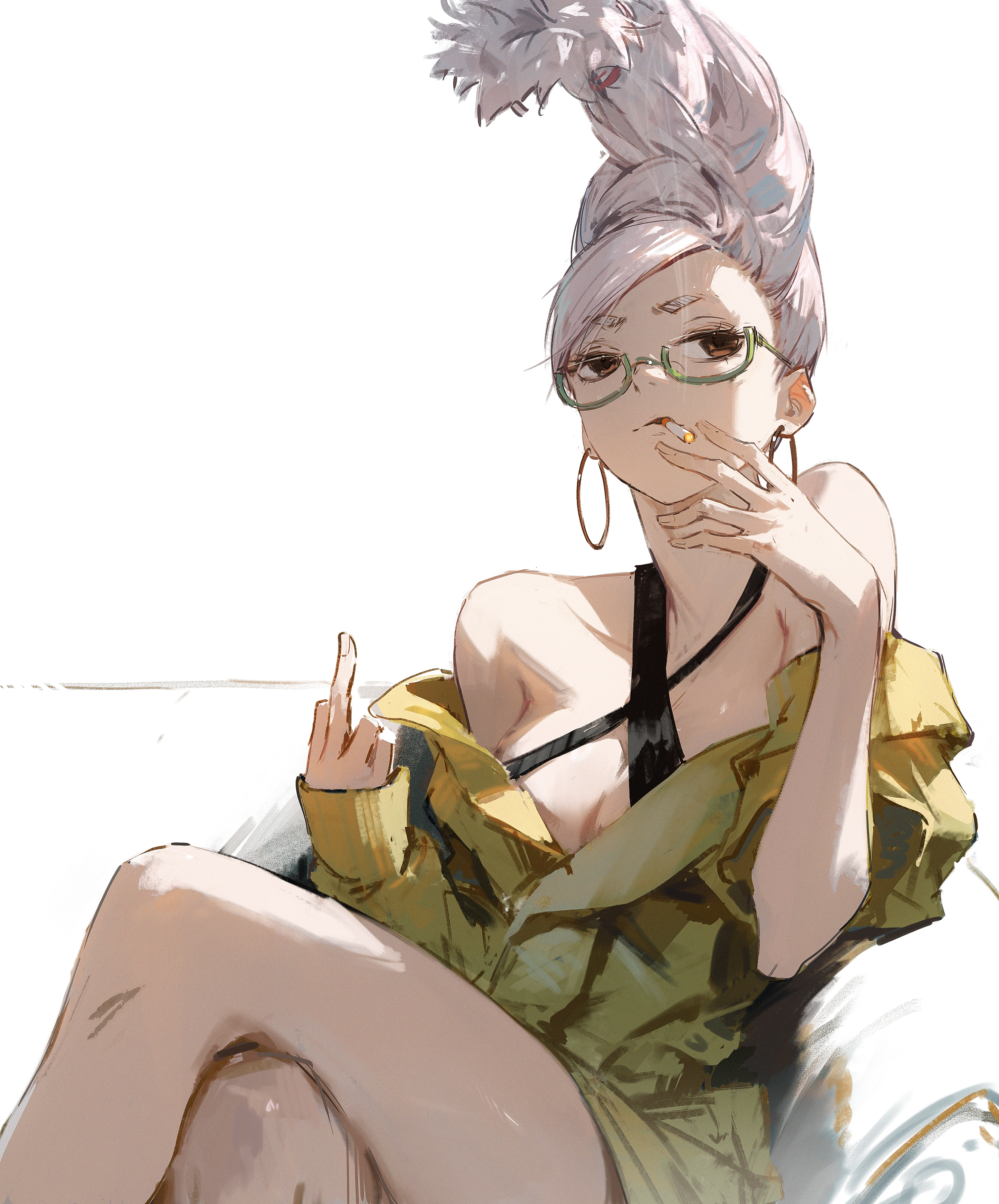 a drawing of a young anime girl sitting on a couch with a sassy expression. she has long, white hair styled in a unique updo, with feathered accents on top.  she's wearing green framed glasses and a yellow jacket with her black bra peeking out. she's looking at the viewer with an air of confidence, and her hand is raised in a middle finger gesture.