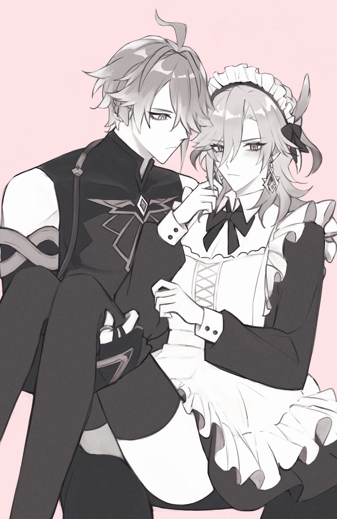 a digital drawing of a young man with white hair and a young woman with long blond hair. both characters are wearing intricate outfits and they seem to be looking at each other with love. the woman is wearing a maid outfit and the man has a dark outfit. the background of the image is light pink.