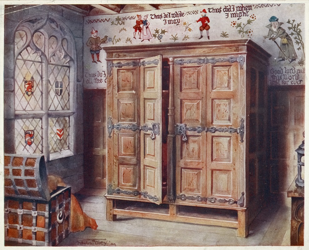 the image is a painting of an interior scene featuring a wardrobe as the central element. the wardrobe is made of wood, with two doors that are partially open, revealing the interior. it has a decorative metal hardware and stands on a simple base. in the left foreground, there is a chest, also made of wood, with metal straps and handles. the chest is slightly open, with a reddishorange cloth draped over the edge. to the left of the wardrobe, there is a window with stained glass. the glass is divided into multiple panes, some of which contain heraldic shields. the walls are decorated with painted figures and text. the text includes phrases such as "thus do i while i may," "thus did i when i might," and "good lord will this world last for ever." the figures are dressed in period clothing and appear to be engaged in various activities. the painting is signed "edwin foley '09" in the bottom center.