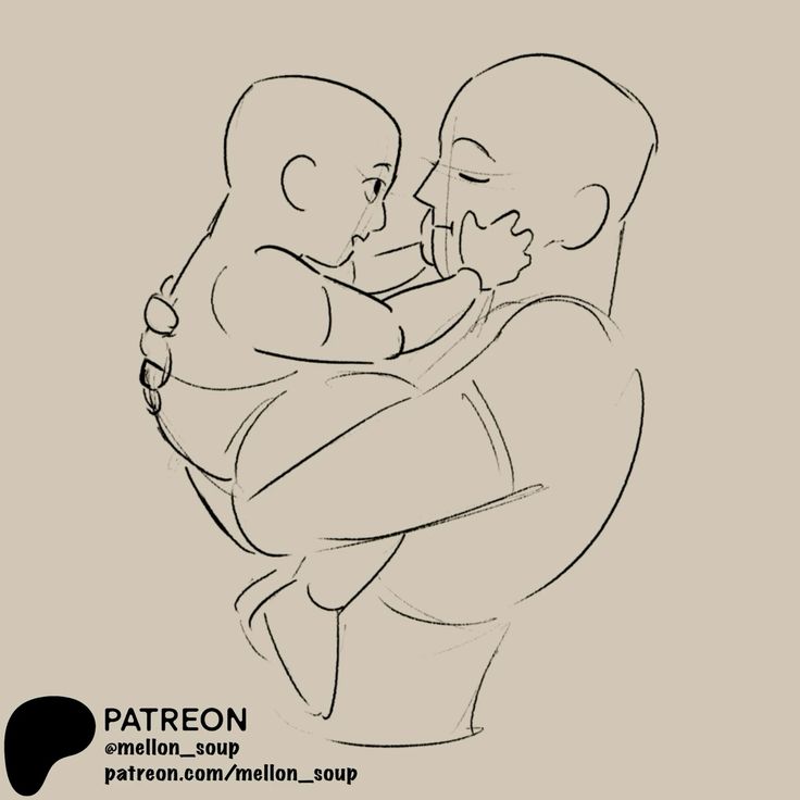 a line drawing of a father holding his baby close, the baby is looking at the father, who is looking down at the baby. it is a heartwarming scene of a father and son's bond.