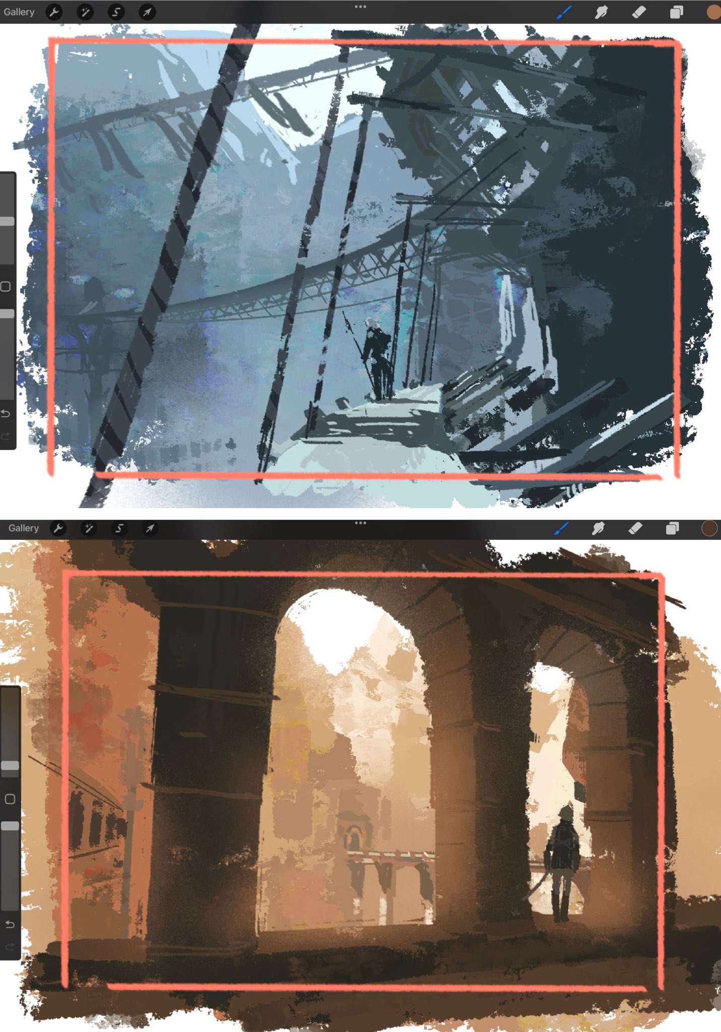 two digital paintings depict a lone warrior standing in the ruins of some ancient civilization. the top image is rendered in cool blues and grays. there is a bridge in the distance. the warrior has their back turned to the viewer. the bottom image is rendered in warm oranges and yellows.  large stone structures flank the image, with a bridge in the distance.  the warrior has their back turned to the viewer.