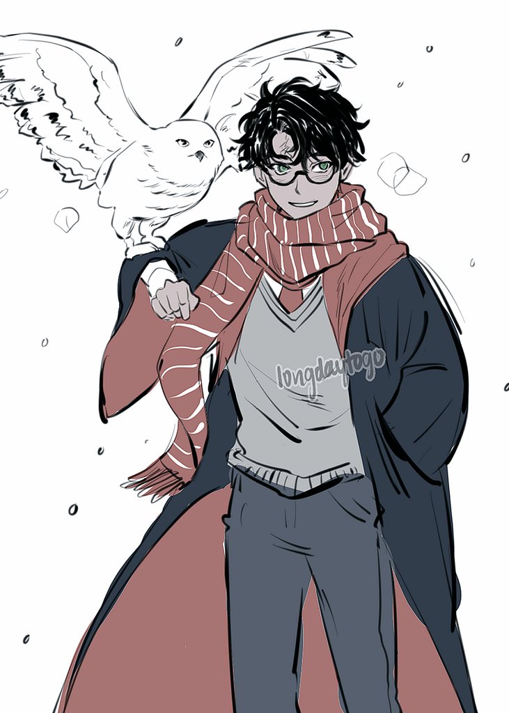 the image is a stylized animestyle illustration of a young man who appears to be harry potter. he's wearing a grey sweater, dark pants, a dark jacket, and a red and white striped scarf. a snowy owl is perched on his arm.  the style is slightly sketchy, with soft lines and shading. the background is light with subtle snowflakes. the overall feel is whimsical and charming. the artist's signature or watermark, "longdaytogo," is visible on the image.