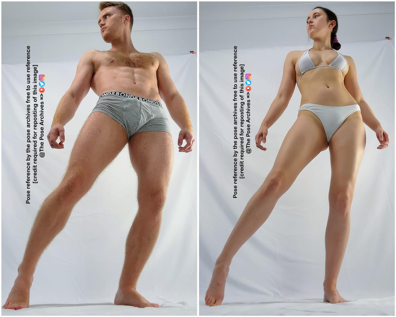 a split image featuring a male and female model positioned for figure drawing reference. the man, on the left, stands in his underwear, while the woman, on the right, wears a bikini. both adopt confident stances with their gazes directed upward.  the background is a simple white studio backdrop.