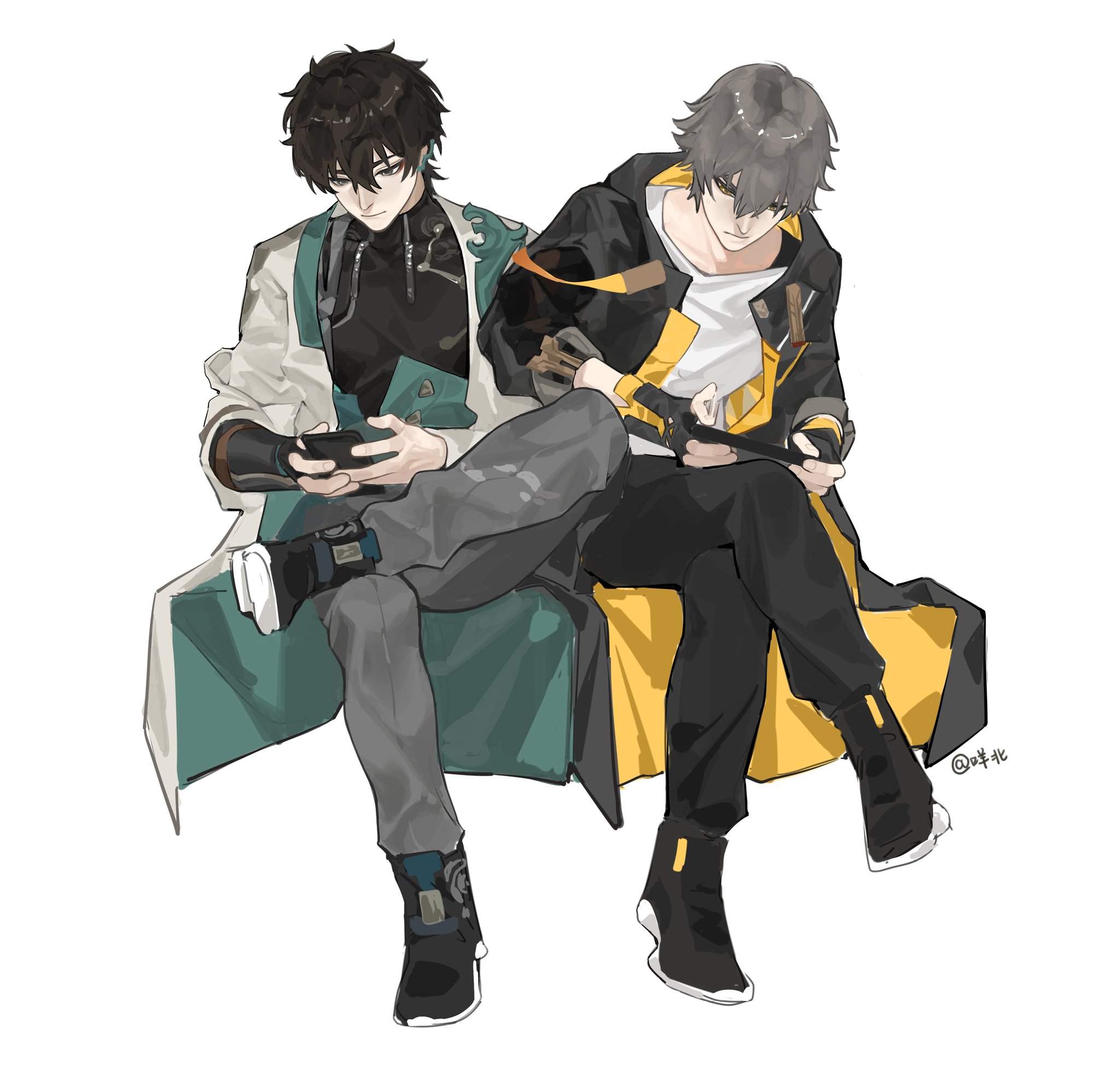 the illustration shows two anime boys sitting next to each other. the boy on the left is wearing a black jacket with white trim and a green and white longsleeve shirt. the boy on the right is wearing a black jacket with yellow trim and a white tshirt. both boys are looking down at their phones, which are in their hands. they are sitting on a green and yellow platform. the illustration is drawn in a manga style.