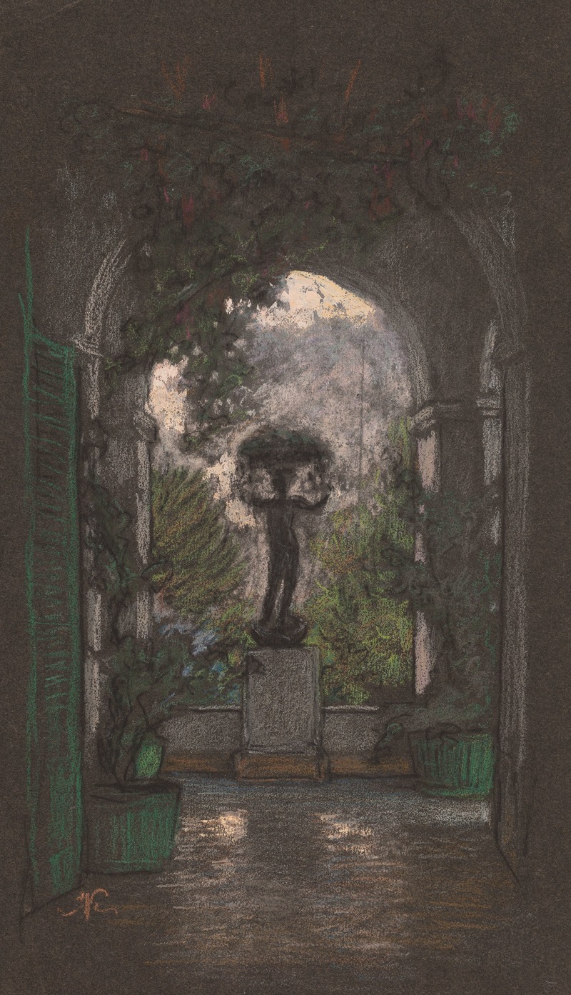 a pastel drawing depicts an arched courtyard with a sculpture of a figure in the center. lush greenery drapes the archway, and potted plants flank the path leading to the statue. the arcade structure frames the scene, and the artwork captures a tranquil garden setting with architectural details.
