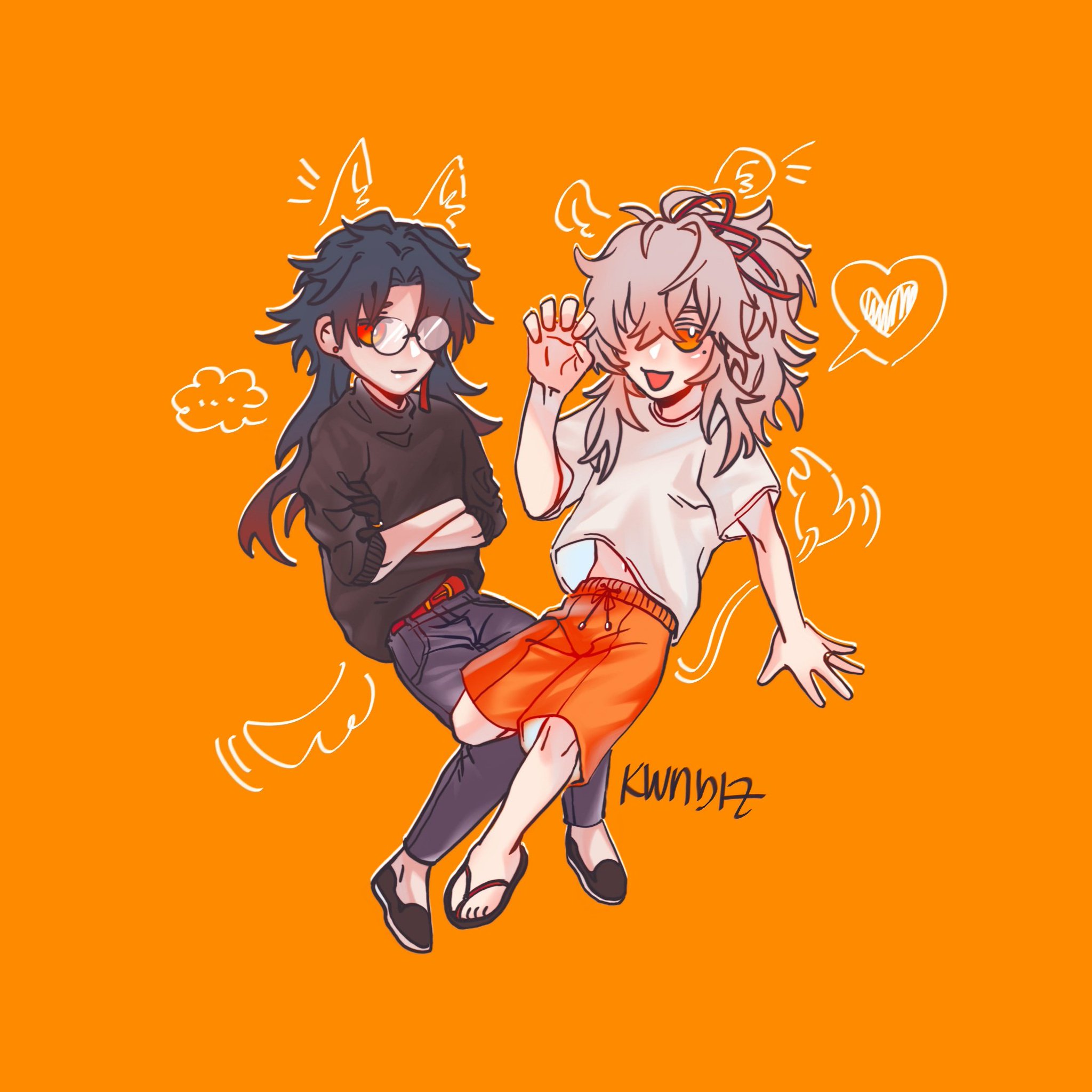 this is a digital illustration of two cartoon anime characters. the character on the left is male and has black hair, he is wearing a black jacket, blue jeans, and black shoes. he is wearing glasses and has a serious expression. the character on the right is female, she has white hair, a white shirt, orange shorts, and white shoes. she is smiling and has a happy expression. the two characters are standing in front of a bright orange background.