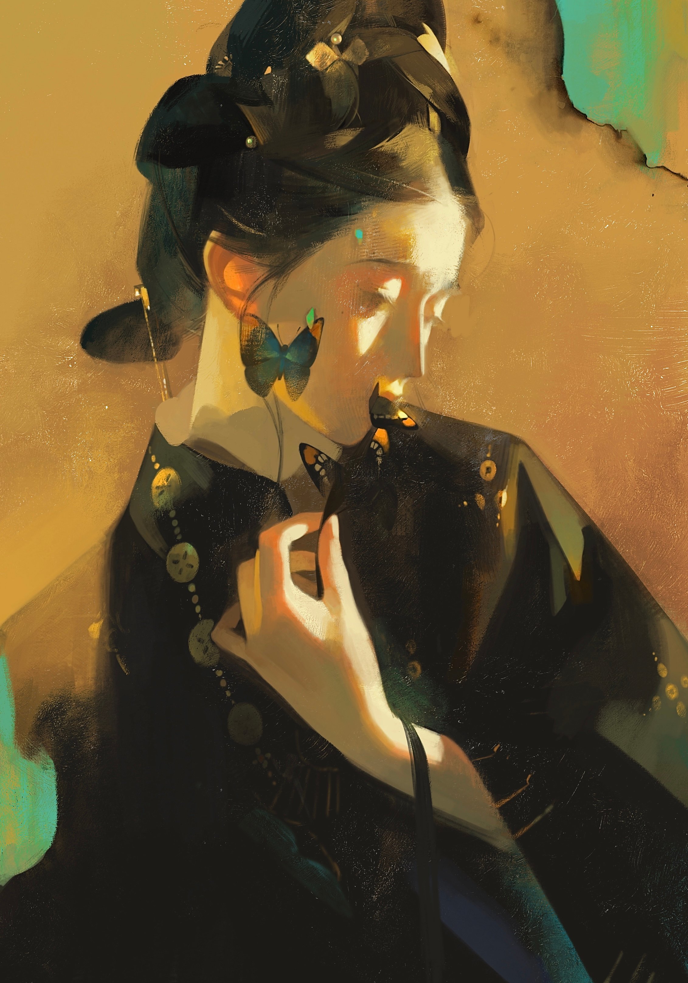 a portrait of a woman in a traditional dark robe, with long dark hair adorned with a hairpiece. she is holding a black butterfly in her hand, and there is a blue butterfly on her cheek. the background is a warm yellow color, with shadows and highlights that create a sense of depth and mystery. the woman's expression is pensive and melancholic, as if she is lost in thought. the overall effect is one of beauty, fragility, and sadness.
