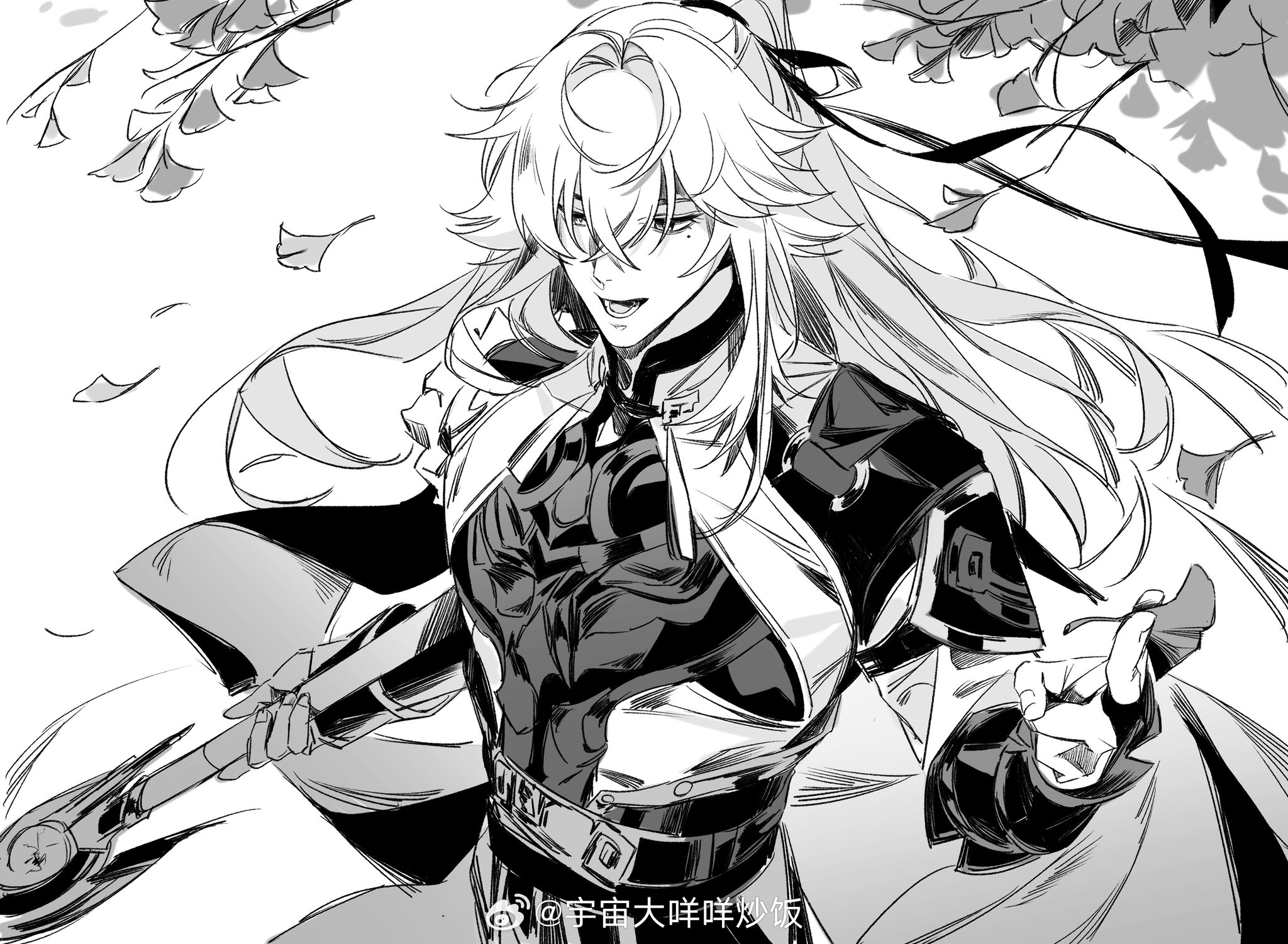 a black and white sketch of an anime character with long white hair wielding a spear. the character is standing in a fighting stance with a determined expression on their face. the drawing is detailed and features a lot of lines and shading. the background is simple and features a few scattered petals.