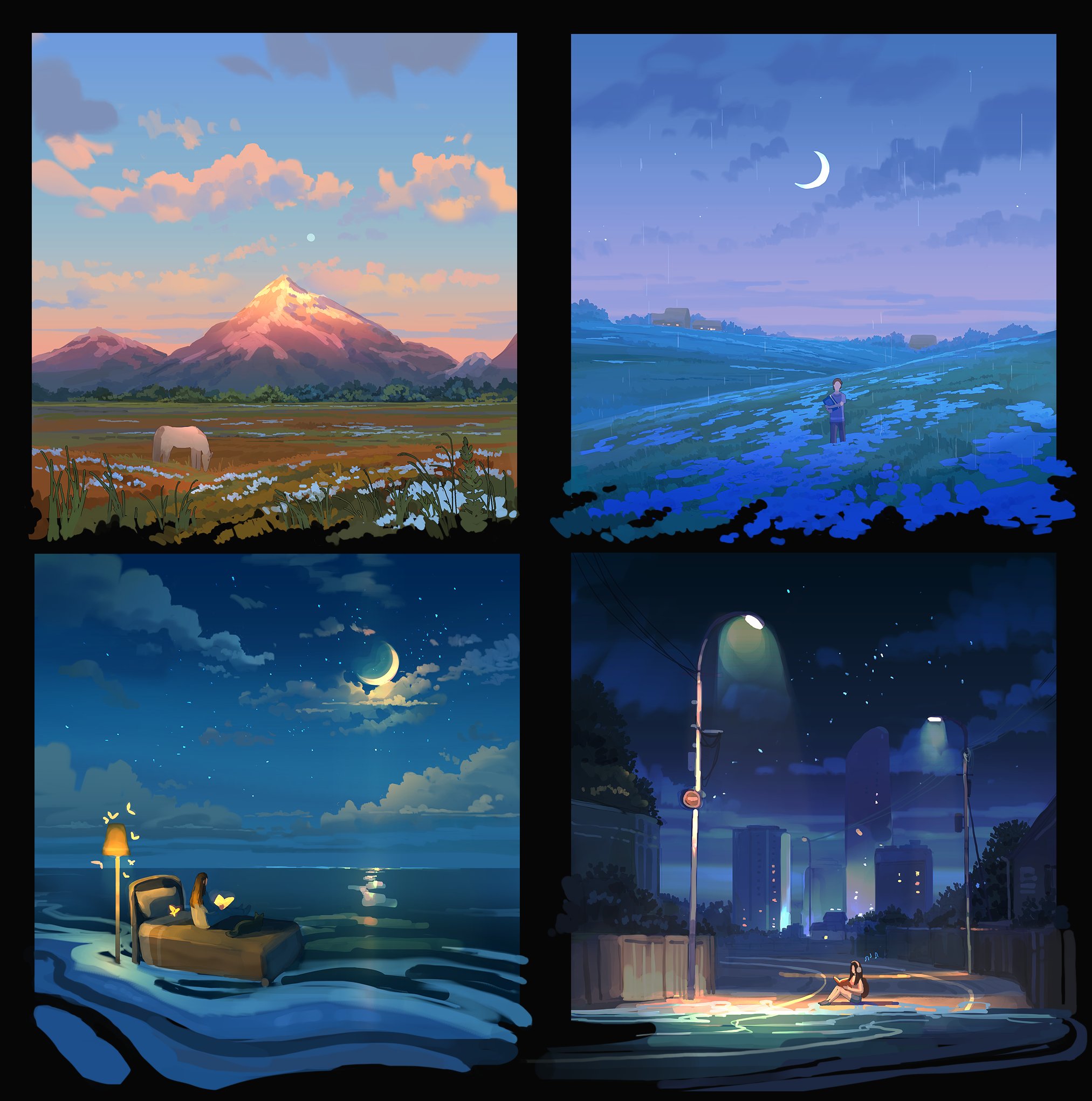 the image shows a collage of four digital art pieces. top left: a landscape with a mountain, field, and horse under a cloudy sky. top right: a field of blue flowers with a person in the distance under a crescent moon. bottom left: a bed on a beach under a moonlit sky with a lamp and a person. bottom right: a city street at night with rain, streetlights, and a person sitting on the ground.