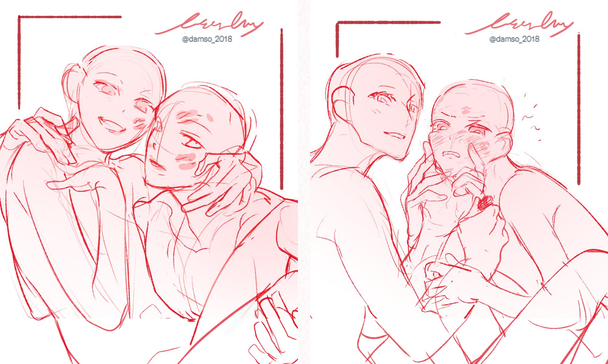 the image shows two sketches of anime/manga style couples in affectionate poses. in both sketches, one person is hugging the other, and the second person has a blushing expression. in one sketch, the first person is smiling and has their arm around the other person's shoulder, while the other person has a hand on their face. in the other sketch, the first person is pinching the other person's cheeks, and the other person is looking uncomfortable. both sketches are done with red lines on a white background. the artist's handle, @damso_2018, is present in both halves of the image.