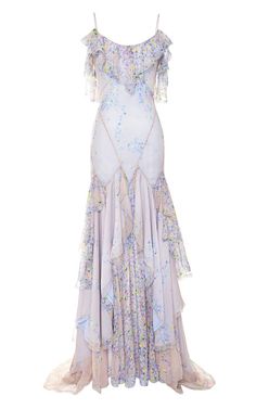 a beautiful floral dress with a flowing skirt and ruffle detailing. the dress is a pastel pink and purple color scheme, and it is perfect for a formal event. the dress is very feminine and elegant.