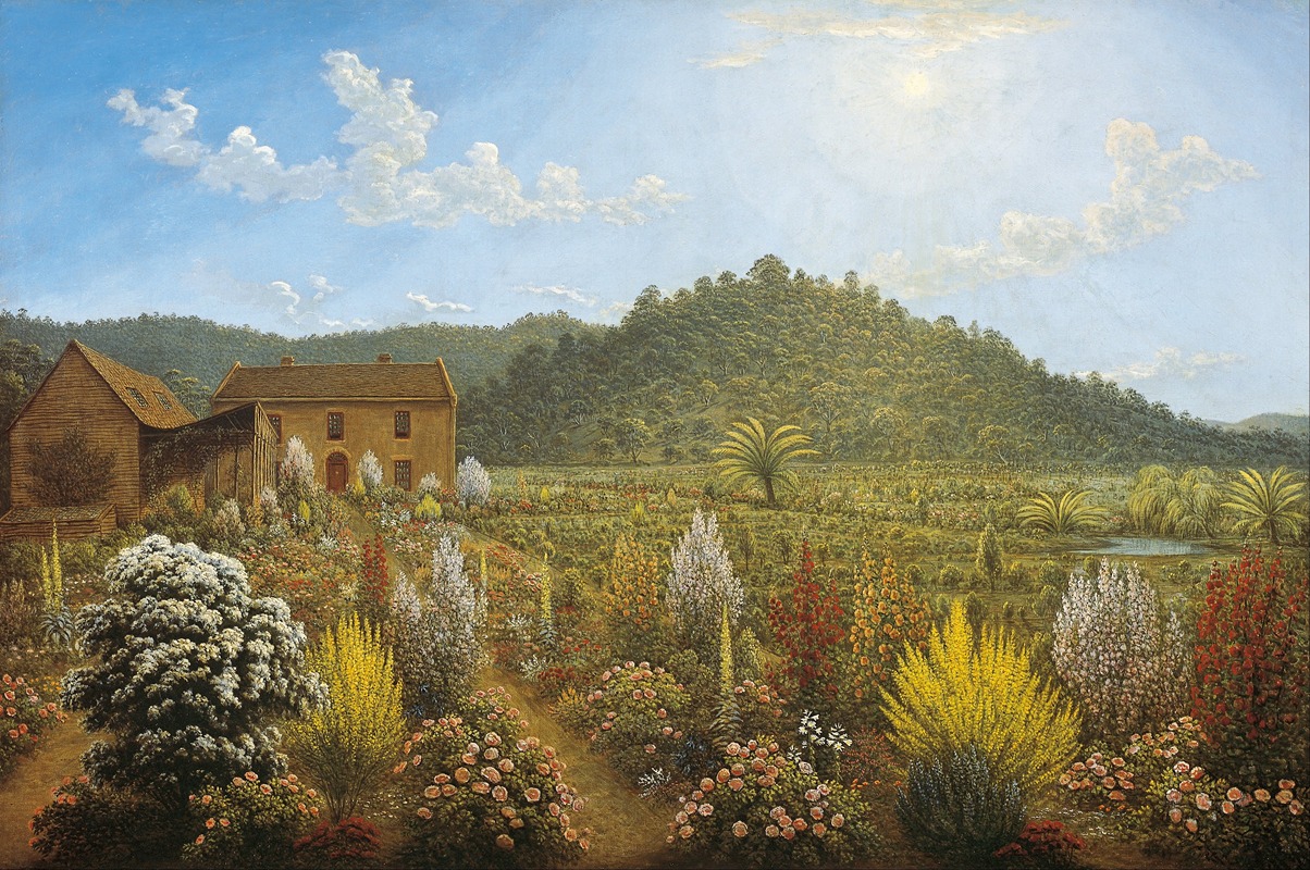 the image is a painting of a landscape featuring a house with a barn surrounded by a vibrant garden filled with colorful flowers. in the background, a treecovered hill rises under a blue sky dotted with clouds. a pond reflects the surrounding vegetation, adding depth to the scene. palm trees stand among the variety of plants and trees.