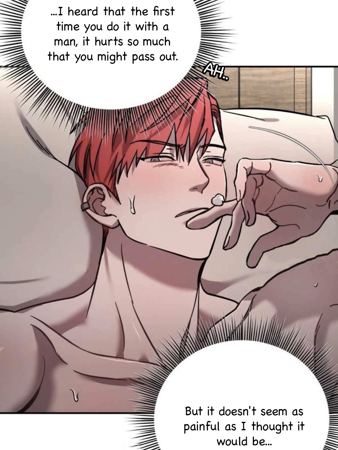 a closeup shot of a redhaired man lying on a bed, seemingly in a state of discomfort or surprise.  speech bubbles above and below him reveal a conversation about the pain associated with a man's first sexual experience. the art style suggests a manga or manhwa, possibly with yaoi or bl themes. the image focuses on the man's face and upper body, highlighting his expression and the details of the scene.
