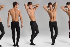 a collage of five images showcasing a male dancer in various poses. he is shirtless, highlighting his muscular physique, and wearing black dance tights. the background is a consistent light gray, emphasizing the dancer and his movements.