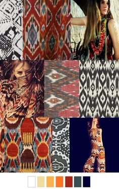 this is a mood board with a boho chic theme. the image features various fabrics with different patterns and colors, including ikat, tribal, geometric, and floral motifs. there is also a color palette at the bottom, which shows a range of shades of red, orange, yellow, brown, gray, and blue. the overall aesthetic is inspired by bohemian and eclectic fashion trends.