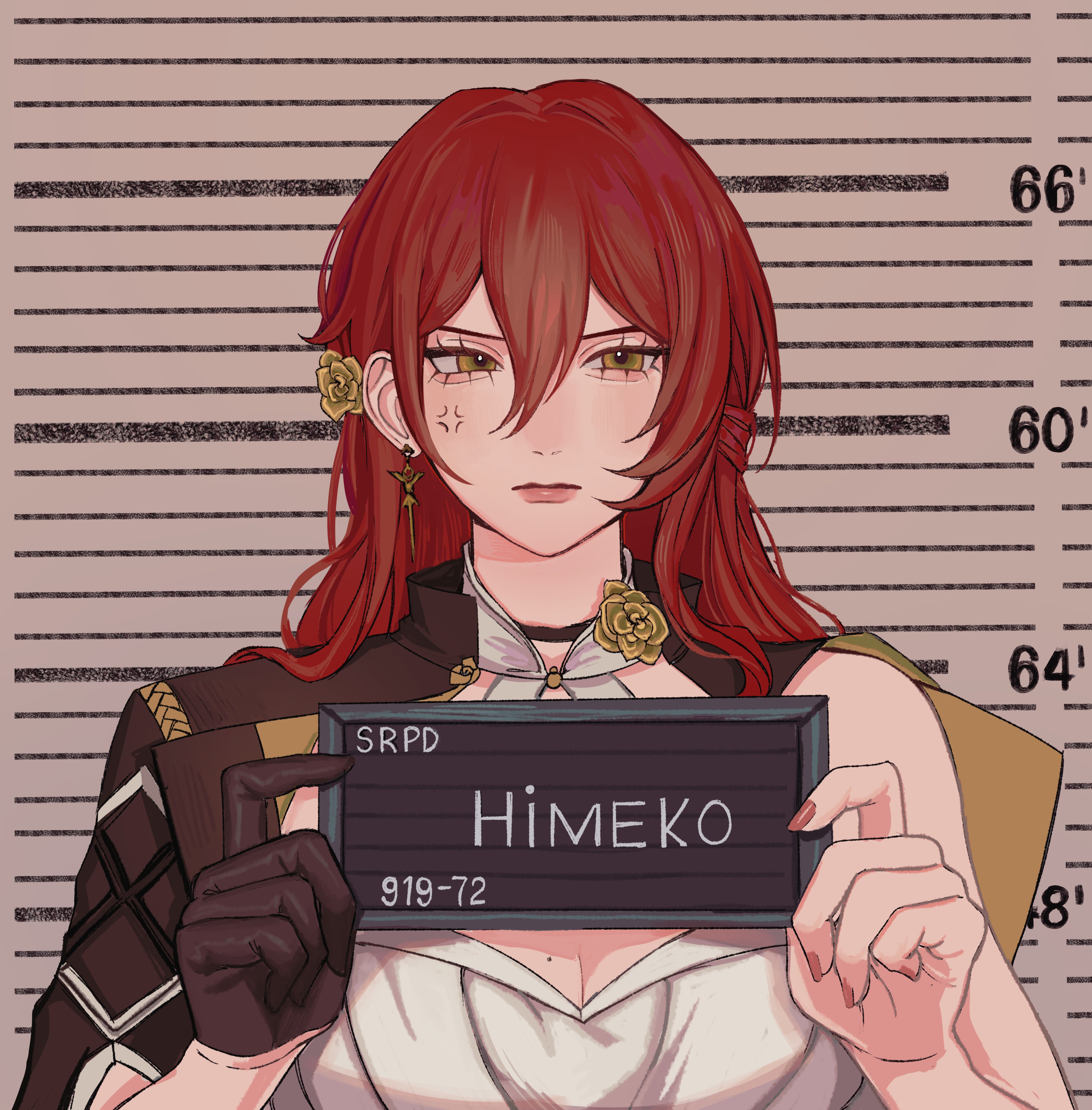a digital illustration of a young woman with red hair holding up a mugshot with the name "himeko" on it. she's wearing a white shirt and a dark brown jacket.