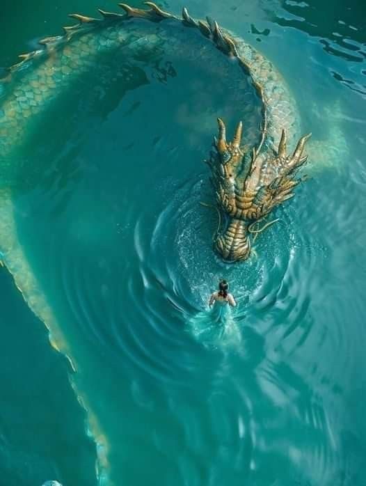 the image depicts a large, dragonlike creature emerging from turquoise water. the dragon's head and part of its scaled body are visible. a woman in a light blue dress is standing in the water near the dragon's head. the water surface is rippled, suggesting movement. the overall scene has a fantasy and mythical quality.