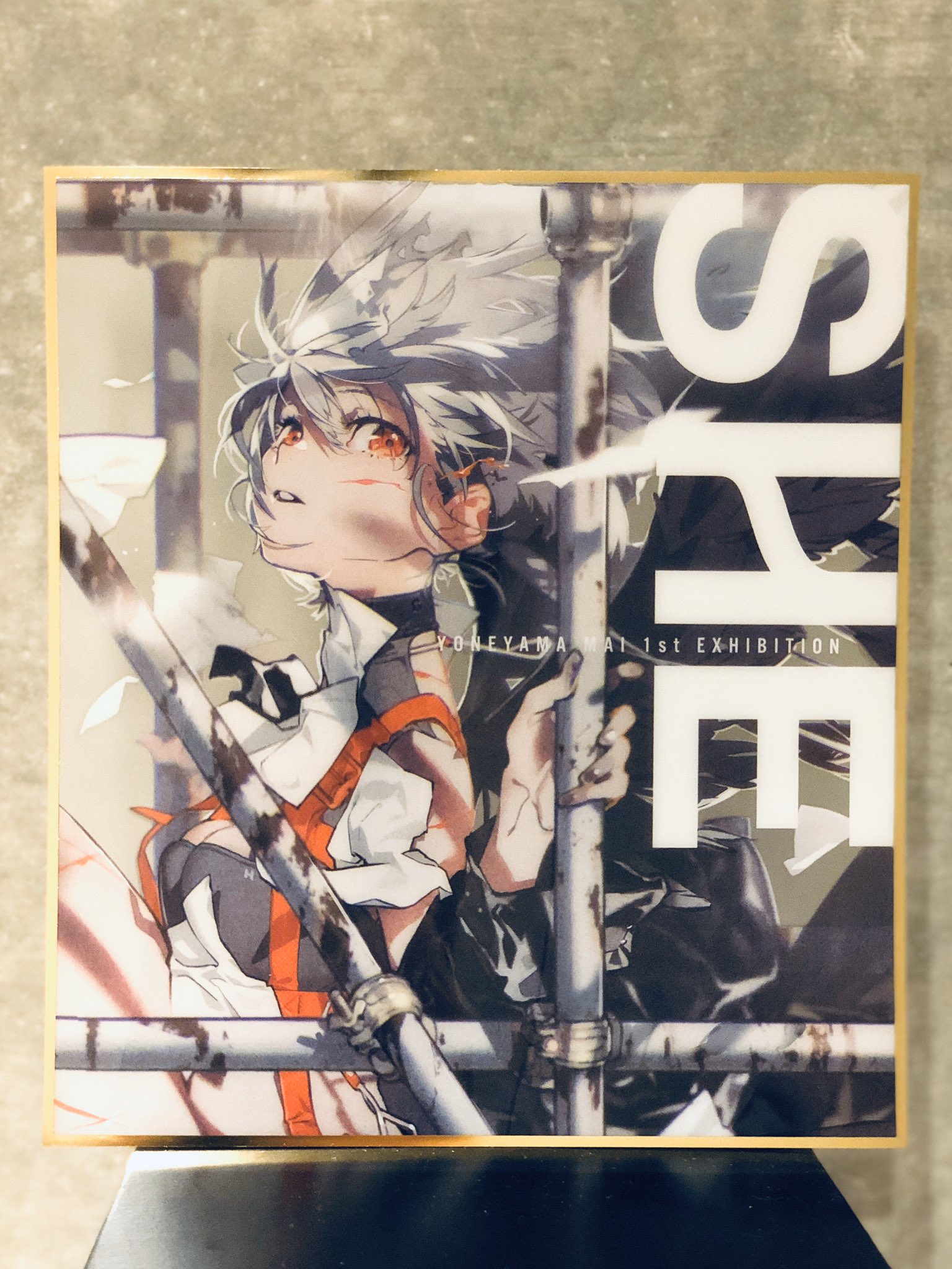 this is an image of a poster advertising the "yoreyama 1st exhibition." the poster features an anime girl with white hair and red eyes, wearing a black and white outfit, who appears to be trapped behind some scaffolding. the background of the poster is dark and gritty, with exposed pipes and metal beams. the title of the exhibition is written in large, bold letters across the center of the poster. the overall aesthetic of the poster is dark and edgy, which suggests that the art on display at the exhibition is likely to be in a similar style.