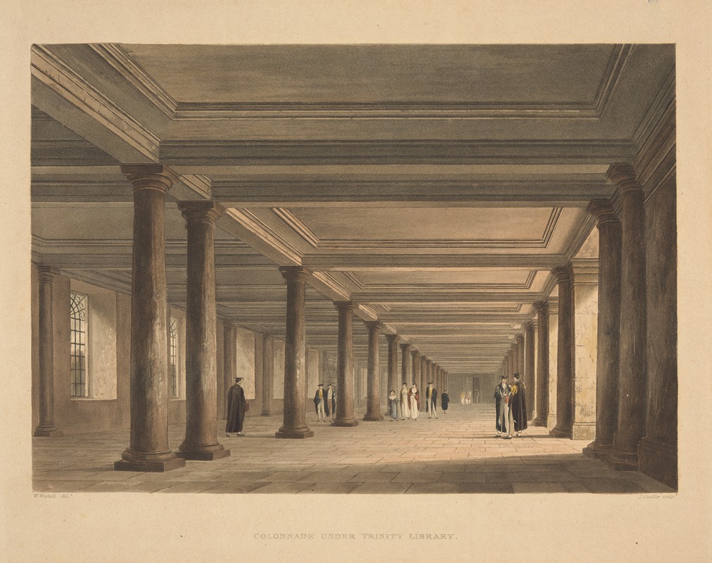 an illustration depicting the colonnade under trinity library. the scene shows a long hallway with rows of brown pillars supporting a ceiling with square panels. several people are walking through the colonnade. windows can be seen on the left side, allowing natural light to filter in. the perspective emphasizes the length of the corridor, leading the eye towards a vanishing point in the distance. the floor appears to be made of stone tiles. the illustration is tinted with earthy tones, and gives a sense of history and architecture.