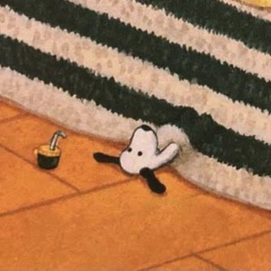 the image shows a cartoonstyle puppy, reminiscent of snoopy, partially hidden under a striped kotatsu blanket. only the puppy's head and part of its body are visible. the kotatsu is on a wooden floor, and a small, toylike drink dispenser sits nearby. the overall style is cute and cozy, suggestive of a winter scene possibly in a japanese setting due to the kotatsu. the colors are muted and warm.