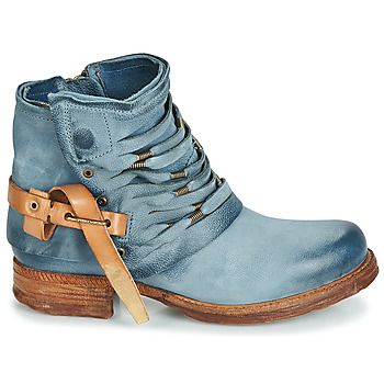 a pair of women's light blue distressed leather ankle boots are shown in the image. the boots have a laceup closure with a buckle strap. the boots have a slightly western style to them. the boots are casual and perfect for fall or spring.