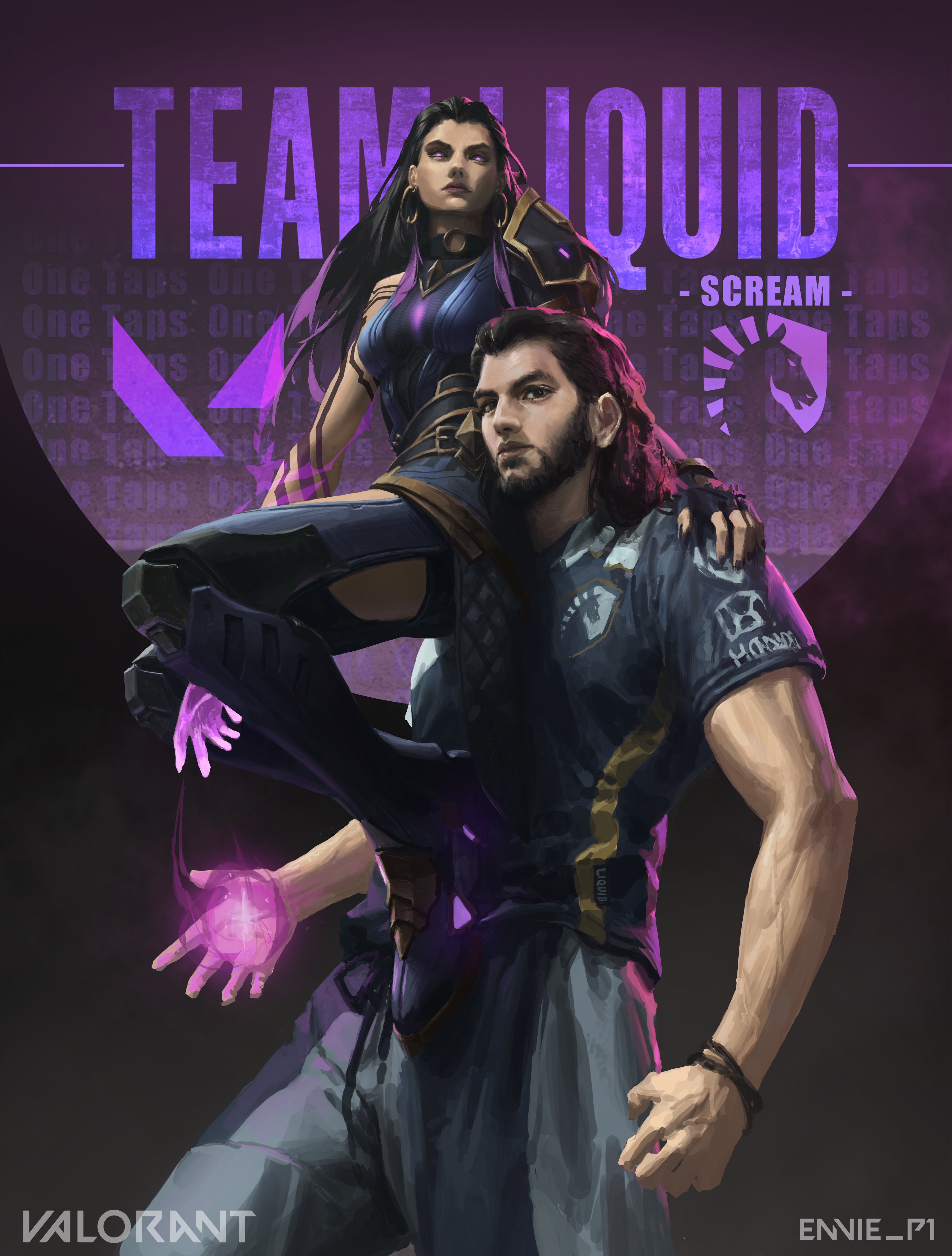 digital painting featuring a female character with long black hair, adorned in armor, perched on the shoulders of a male character with long dark hair, wearing a team liquid jersey. both are set against a background with "team liquid" text and the team liquid logo. the artwork incorporates the game "valorant" at the bottom left, with the artist's signature "ennie_p1" at the bottom right. the image is stylized and dramatic.