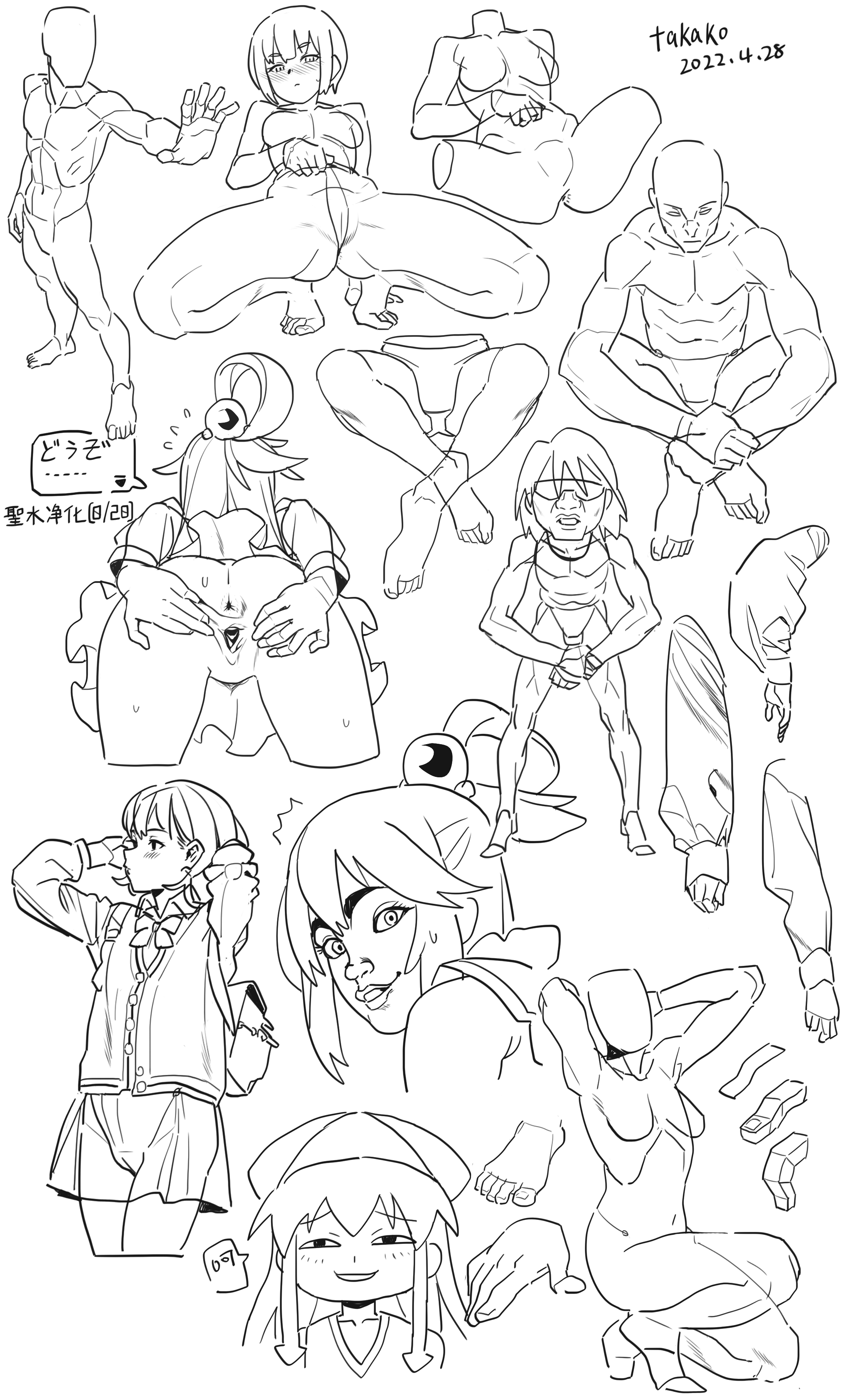 the image is a digital drawing featuring a collection of various sketches of human figures in different poses. the sketches appear to be anatomy studies and character designs, rendered in a clean, blackandwhite line art style. the figures include both male and female forms, with some in dynamic and expressive poses. the arrangement of the sketches suggests a sketchbook or a practice sheet, likely created for studying human anatomy and figure drawing. some sketches are more detailed than others, and the composition gives the impression of a compilation of exercises and studies.