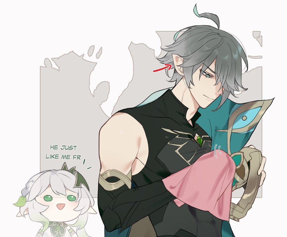 this is a digital illustration of two anime characters. the male character is holding a pink cloth in his right hand and has a green cloth over his left shoulder. he has gray hair and blue eyes. he is looking at the viewer with a happy expression. the female character is to the left of him and has green hair and green eyes. she is looking at the viewer with a happy expression.  the male character is holding a pink cloth, and a green cloth is draped around his left shoulder. there is a white background and a gray and white background behind the characters.  the art style is clean and detailed.