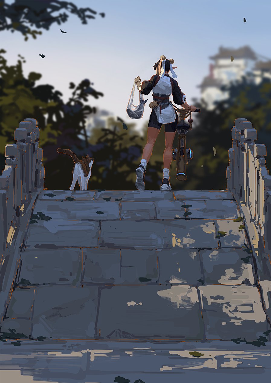the digital painting shows a young woman with short dark hair, wearing a loose, lightcolored asianstyle top and shorts, walking away from the viewer.  she carries a shopping bag in one hand and pushes a bicycle with the other. a small calico cat follows her. they are on a stone bridge which leads to a blurry background suggesting a traditional asian style village or town in the distance, framed by lush green trees. the overall atmosphere is peaceful and serene. the style is loose and painterly, giving a soft, dreamlike quality.