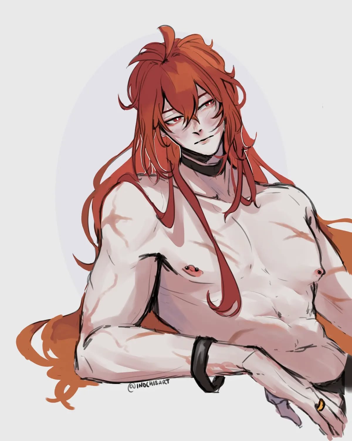 the image is a digital fanart depicting a shirtless animestyle male character. he has long, flowing reddishorange hair, a muscular physique, and several piercings, including nipple piercings.  he's wearing a dark bracelet on one wrist and a ring on another finger. the character is posed in a relaxed, slightly sensual manner, leaning back with his arms resting. the art style is soft and somewhat painterly, with a focus on shading and highlighting to create depth and form. the background is a muted, light purplegray, drawing all attention to the character. the artist's signature, "indochiart," is subtly placed in the lower section of the image.