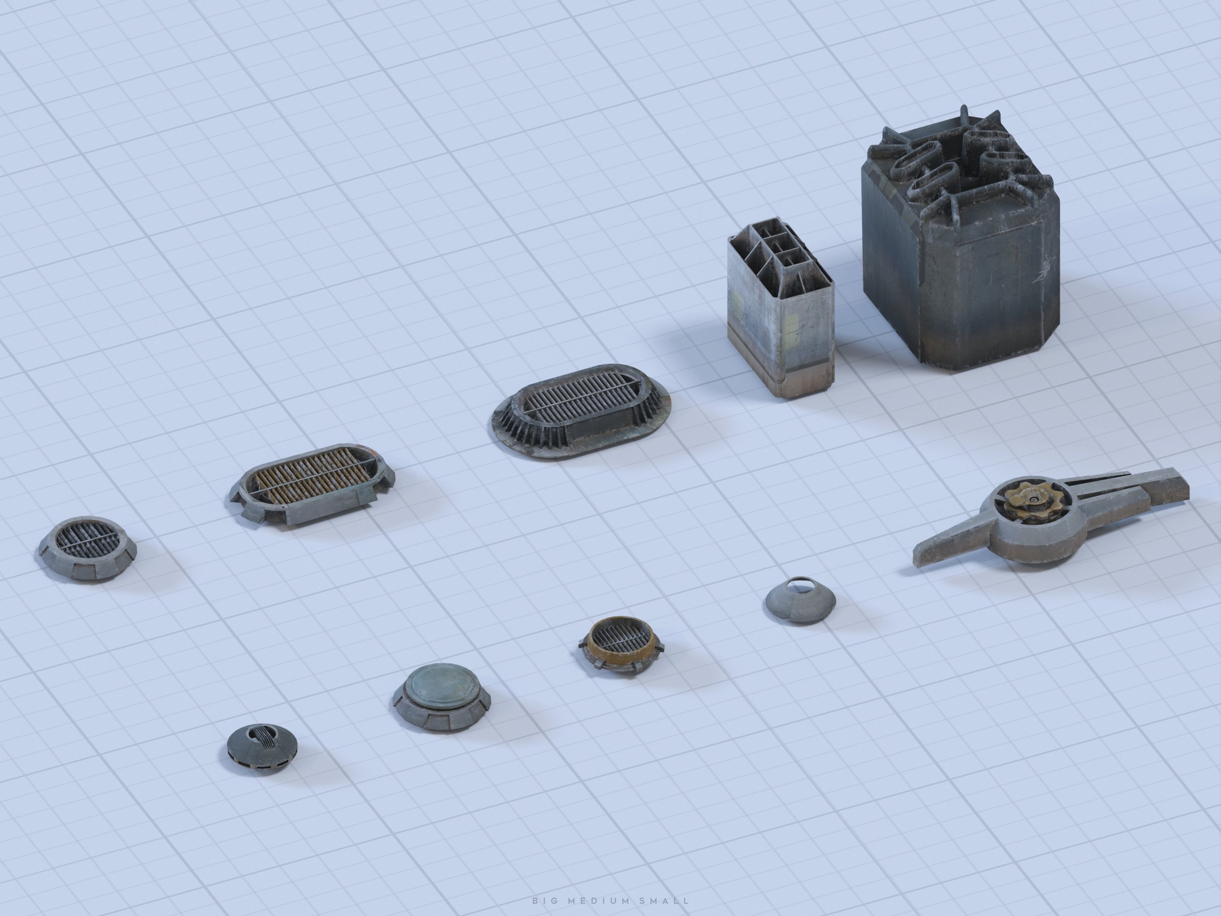 he image shows a 3d rendering of a collection of small to large scale models on a gridded background.  the objects are predominantly metallic grey and appear to be industrial or mechanical in nature.  they include various types of vents, grates, covers, and boxlike structures of different sizes, arranged in a row from smallest to largest, showing the scale progression.  the overall style is realistic, with texturing that suggests worn metal. the caption "big medium small" is visible at the very bottom.