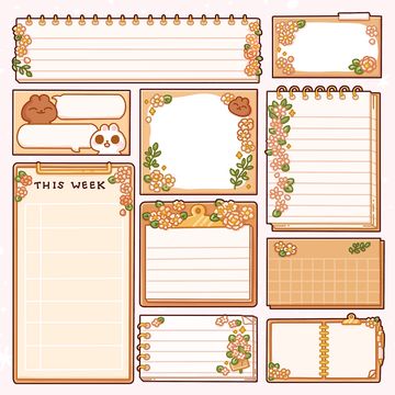 he image showcases a collection of cute and aesthetically pleasing planner stickers and notepads.  these digital illustrations feature a pastel color palette, primarily in shades of brown, orange, and beige, accented with delicate floral designs. various shapes and sizes of notepads are included, such as lined paper, a weekly planner, and smaller note sections, all designed to help organize and plan.  the style is reminiscent of kawaii aesthetics, using charming characters and floral motifs to create a playful yet functional design suitable for planning and notetaking.  they are clearly intended for digital or physical use as stickers for planners or journals.
