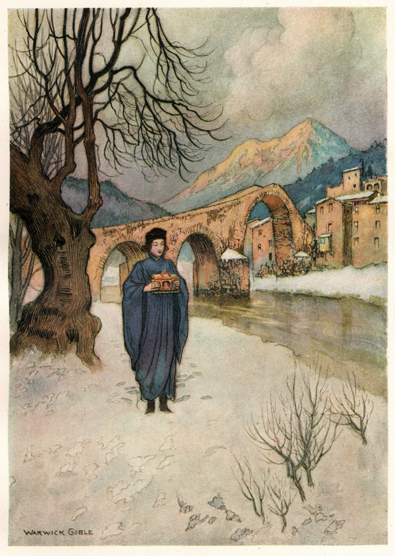 this is an illustration by warwick goble. it depicts a medievalstyle scene in winter. a person dressed in a long, dark blue robe and a black cap is standing in the snow, holding a small object that looks like a religious offering or gift. they are positioned in front of a river, with a stone bridge spanning it in the background. beyond the bridge, there's a cluster of buildings with italian architecture and a backdrop of snowcapped mountains under a cloudy sky. a bare tree stands to the left of the figure, adding to the wintery atmosphere.